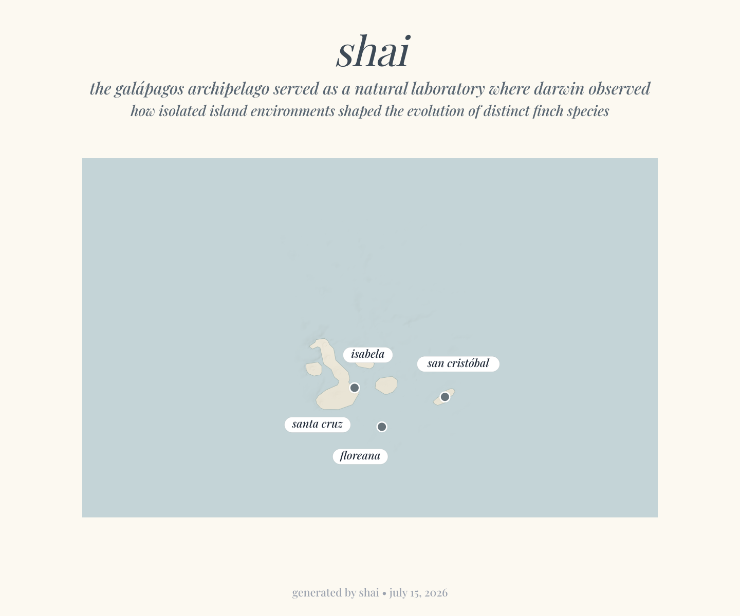 shai map — the Galápagos archipelago: Isabela, Santa Cruz, San Cristóbal, and Floreana, small islands scattered in open Pacific