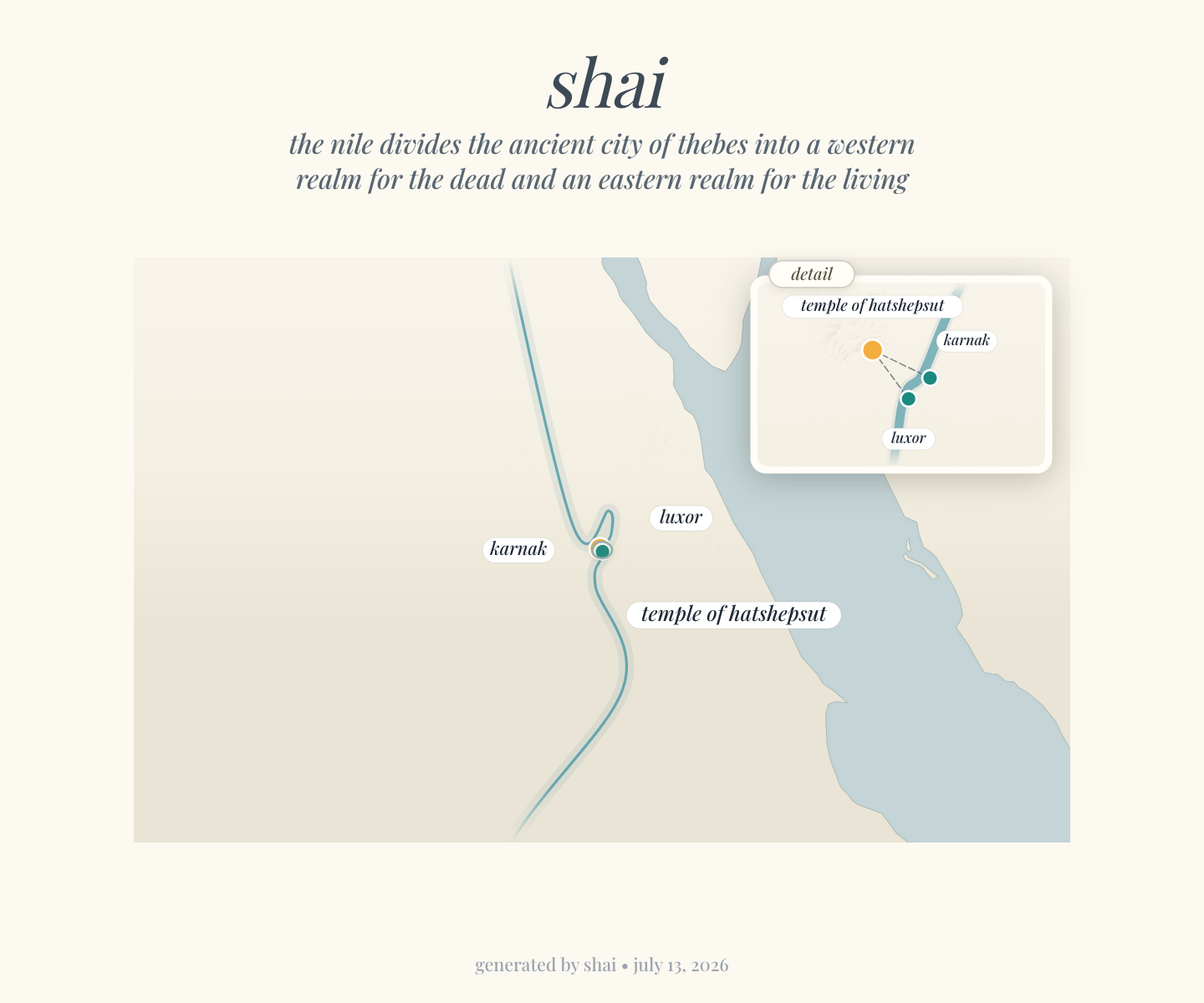shai map — the temples of Thebes: the Nile with the Temple of Hatshepsut on the west bank and Karnak and Luxor on the east, with a detail inset of the bank relation