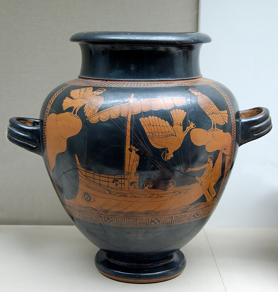 The Siren Vase: Attic red-figure stamnos showing Odysseus bound to the mast as Sirens fly overhead