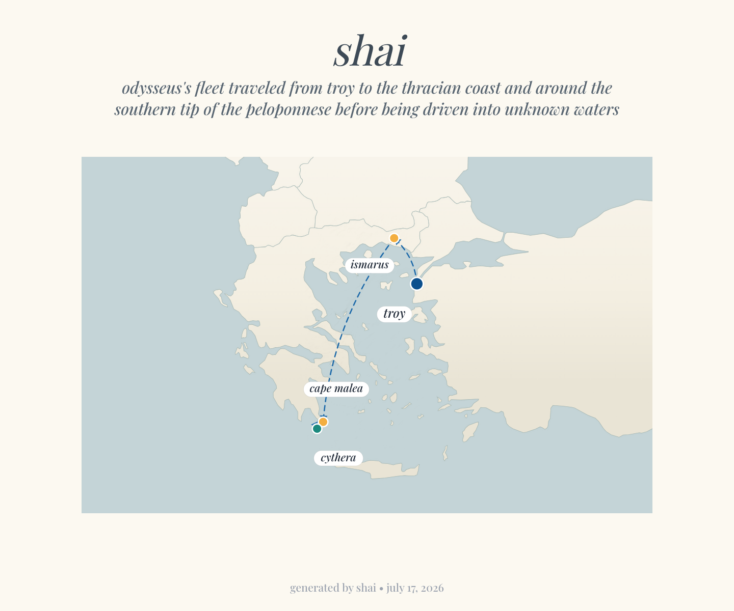 shai map — the named world of Odyssey book 9: Troy, Ismarus, Cape Malea, Cythera, with the route the poem itself supplies